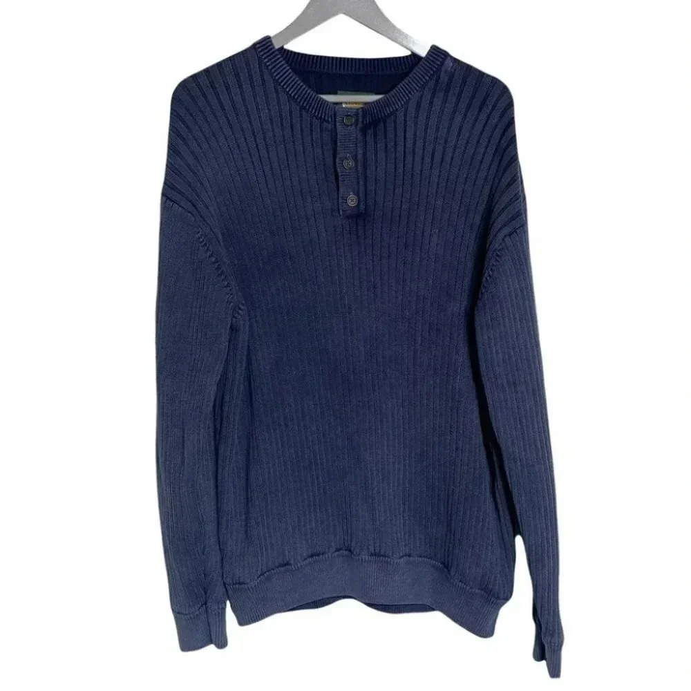 Cabela's Henley Sweater Large Navy Blue Ribbed Knit 100% Cotton Long Sleeve